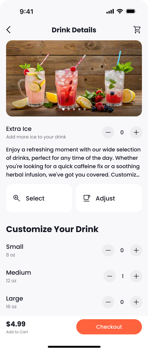 A product detail page of a food delivery app for customers to select drink sizes and additional items, with sections for displaying the drink options, size selection, additional items, and an "Add to Cart" button.