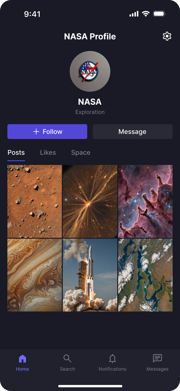 A 'Profile' page of the NASA account on a social media app displaying posts, follower count, and profile details, with a dark mode.