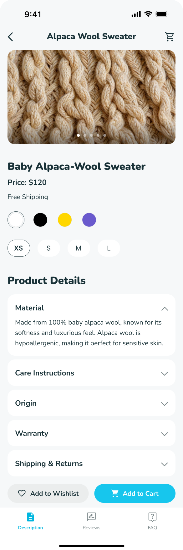 A product detail page of an e-commerce app for customers to purchase a Baby Alpaca-Wool sweater