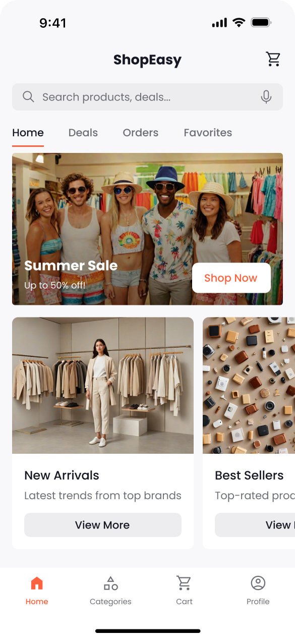 A home page of an online shopping app for individual users to track orders, view favorites, and discover new deals and products.