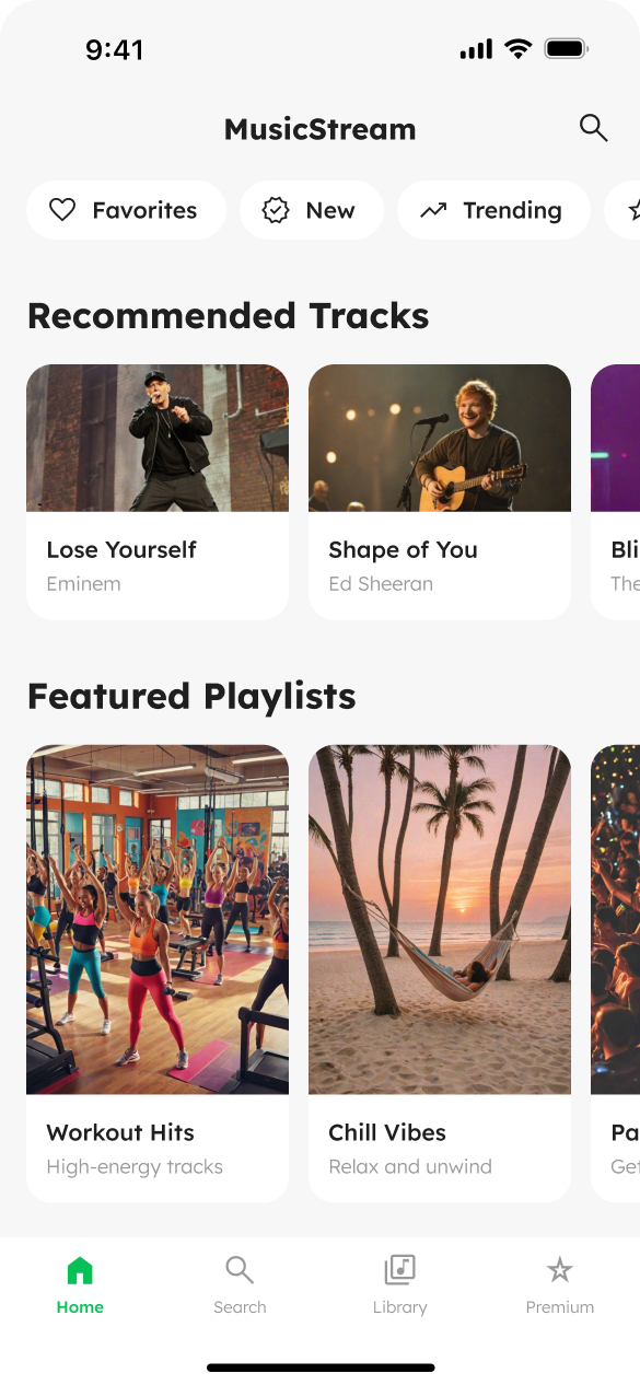 A screen of a music streaming platform with sections for recommended tracks based on user preferences, highlighted featured playlists, a carousel of new releases, and an easy-to-navigate layout that enhances the user experience.The interface is green.