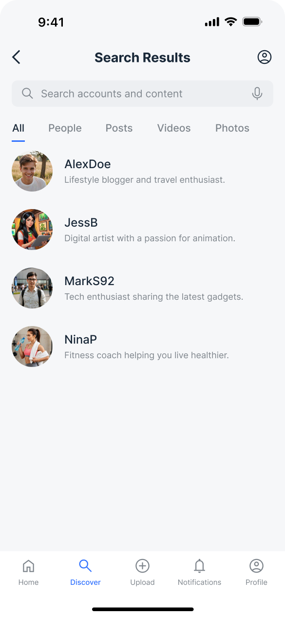 A "Search Results" page of a social media app for users to find accounts and content related to their interests.