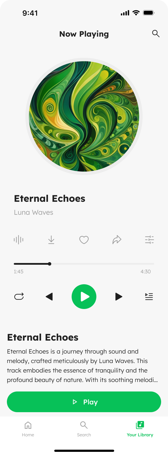 A music player page for users to control playback and enjoy visual art, with a vibrant abstract album cover, green-style