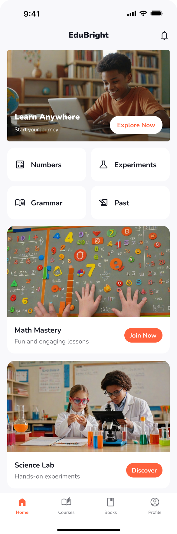 Please help me design a homepage interface for a K12 online education app. The interface should include featured Courses and a bottom tab bar with the following sections: Home, Courses, Books, and Profile. Ad The interface with an orange-themed style as the primary color.