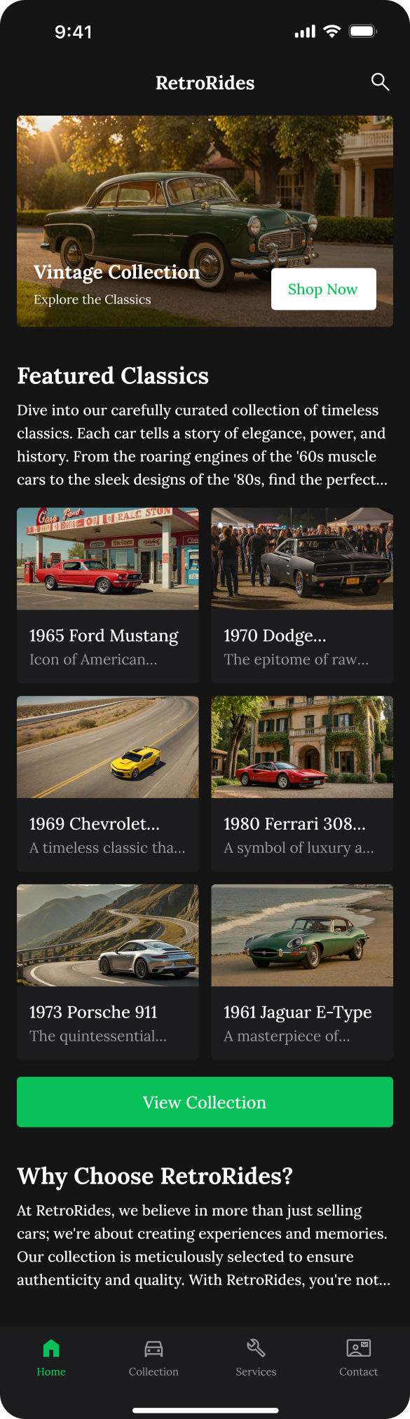 A homepage of a car shop app for users to explore and purchase cars, with green colors, dark background, and retro images to display features.