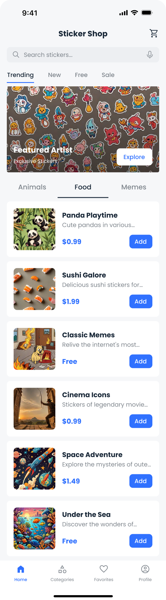 A 'Sticker Shop' page of a messaging app for users to browse and purchase stickers.