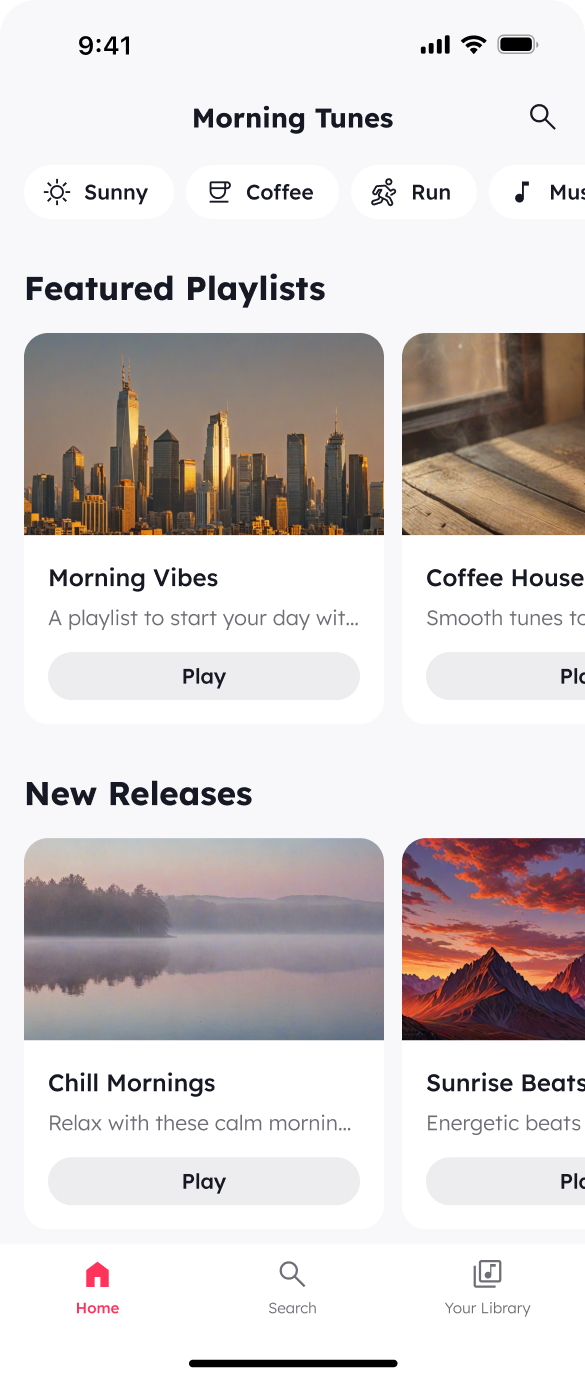 A music app homepage designed to offer a morning music experience