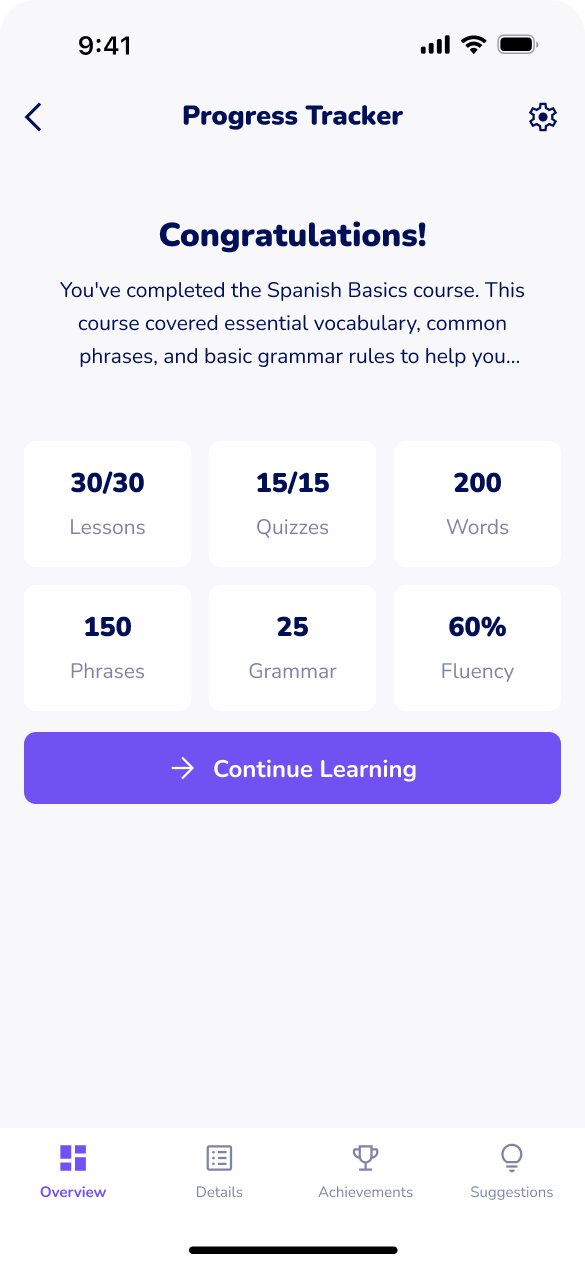 A lesson completion page of a language learning app for learners to track progress and performance.