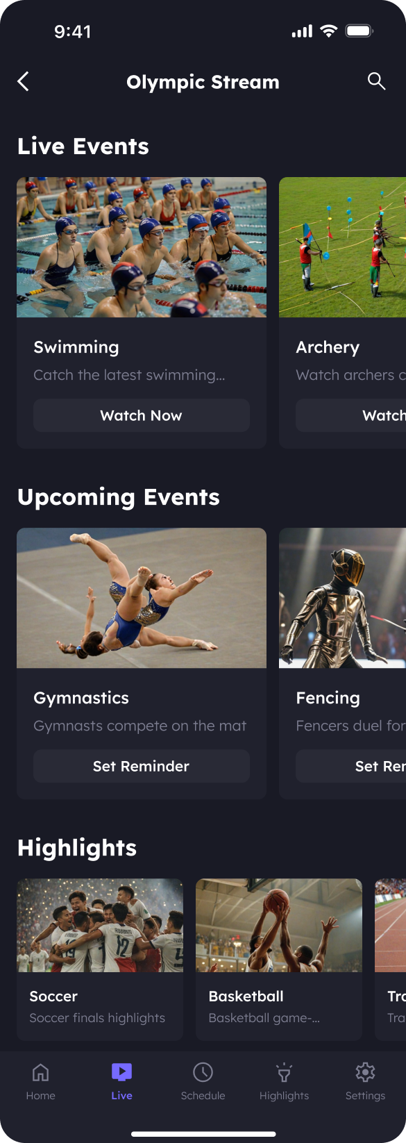 A Detail page of a sports streaming app for sports enthusiasts to access live Olympic sports content and related features.The interface should be deep blue and in dark mode.