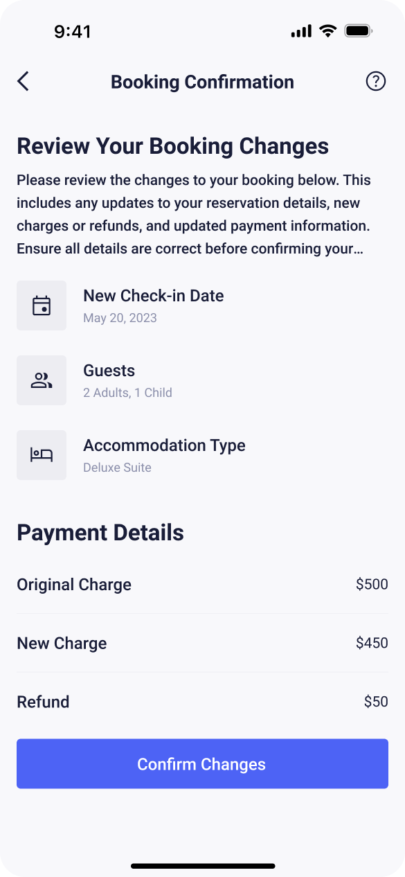 A confirmation page of a reservation management app for users to review changes to their booking, highlighting new details and payment adjustments.