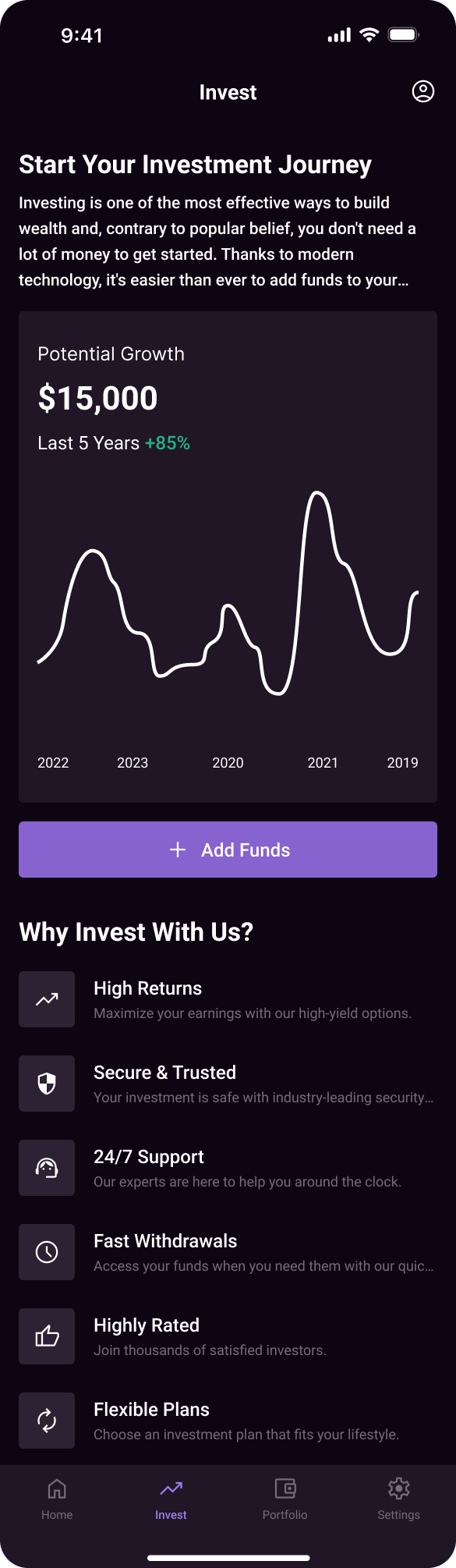 An "Invest" page of a financial app for users to add funds to start investing, with a prominent call-to-action message.A graph illustrates potential growth, suggesting progress or investment potential. The interface with an purple style as the primary color, and in dark mode.