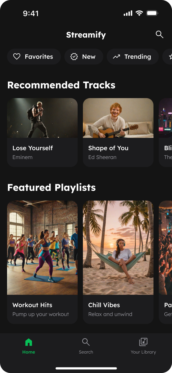 A screen of a music streaming platform with sections for recommended tracks based on user preferences, highlighted featured playlists and an easy-to-navigate layout that enhances the user experience.The interface is in dark mode and green theme color.