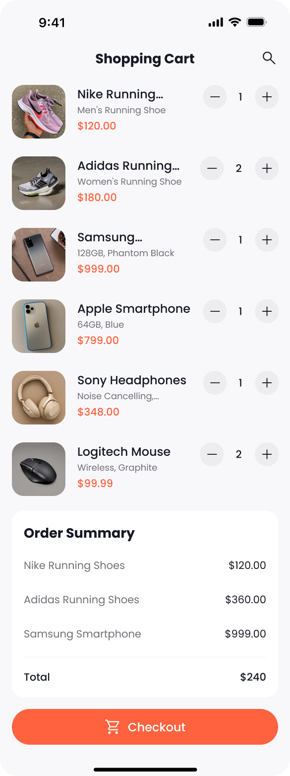 A Shopping Cart page of an e-commerce app for online shoppers to review and manage their selected items.