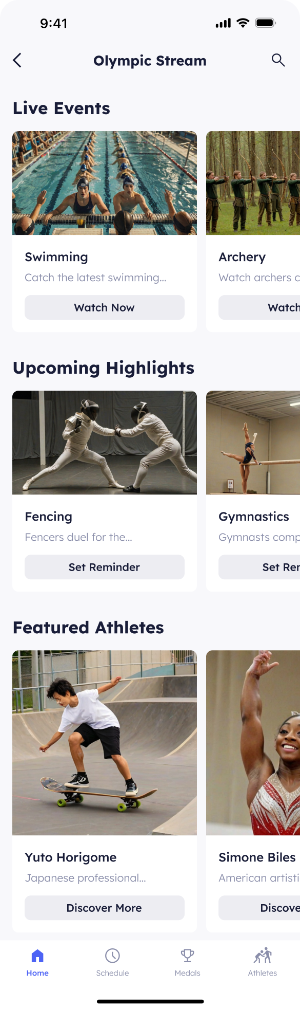 A Detail page of a sports streaming app for sports enthusiasts to access live Olympic sports content and related features.The interface should be deep blue.