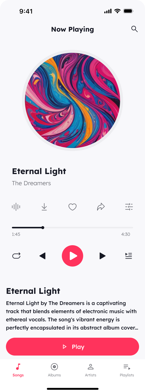 A music player page for users to control playback and enjoy visual art, with a vibrant abstract album cover