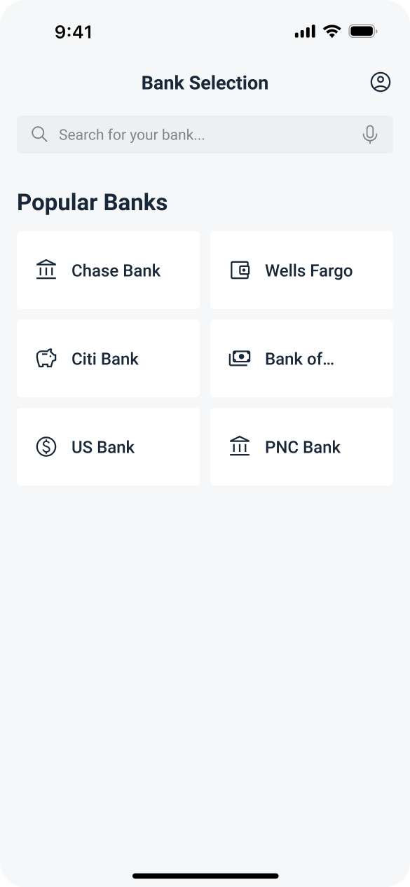 A bank selection page of a financial application for users to link their bank account, featuring a search bar for finding a bank and a list of most popular banks.The interface is bright blue color.