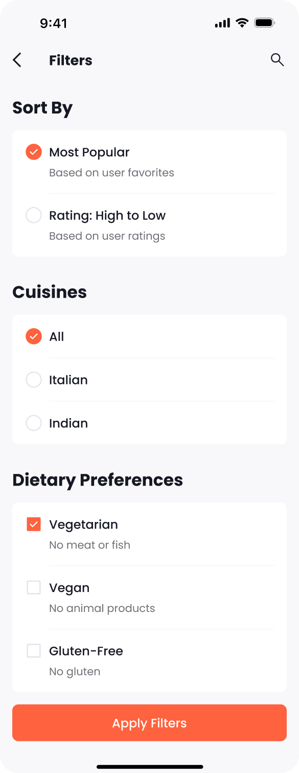 A "Filters" page of a food delivery app for users to refine their search results based on preferences.