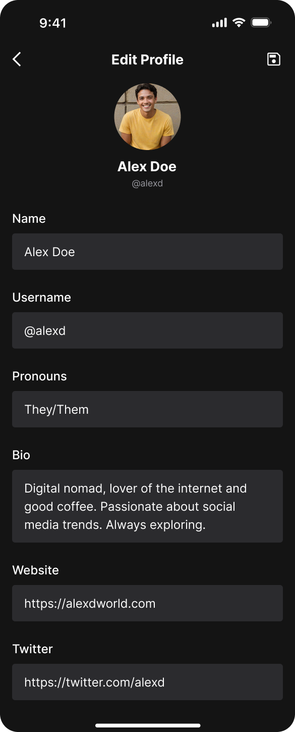 An 'Edit Profile' page of a social media app for users to update their personal information and account settings, featuring options to edit the profile picture or avatar, name, username, pronouns, bio, and links.The interface should be yellow and in dark mode